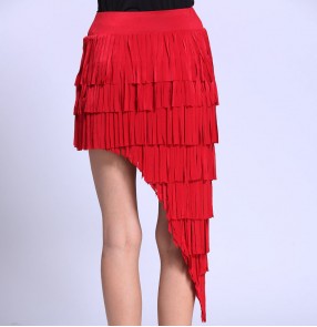 Red black fringes one size irregular hem sexy fashion women's girls competition performance latin ballroom salsa cha cha dance skirts 